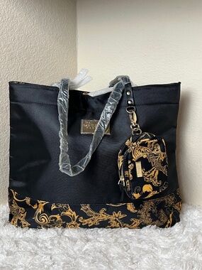 Versace Parfum Black & Gold Weekender Tote Bag with Detachable Coin Purse
